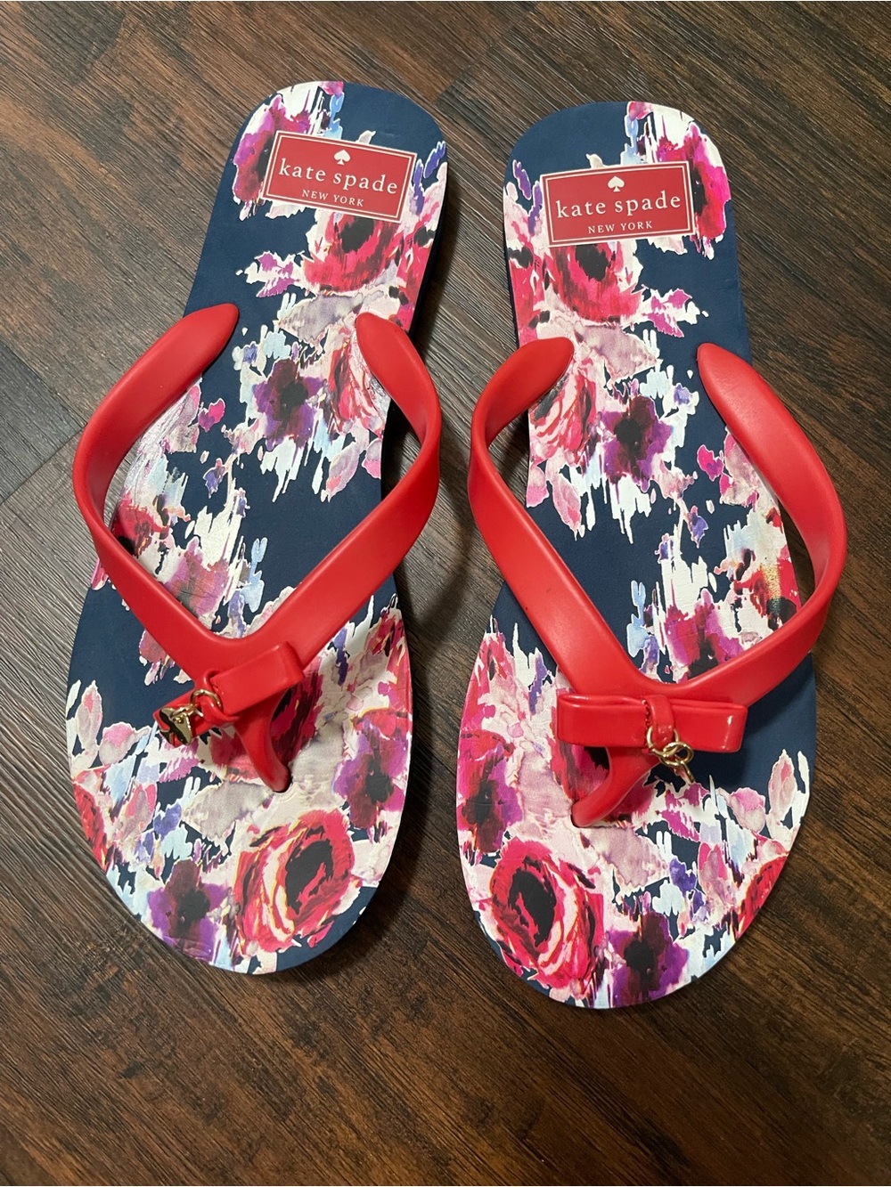 KATE SPADE Nova Floral Print Flip Flops Flat Sandals Navy Red Thongs Size 7-8 M